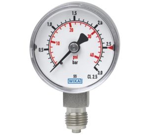 Pressure gauge 0 - 25 bar, vertical radial G1/4 BSP connection, 63 mm dial, glycerin-filled stainless steel case