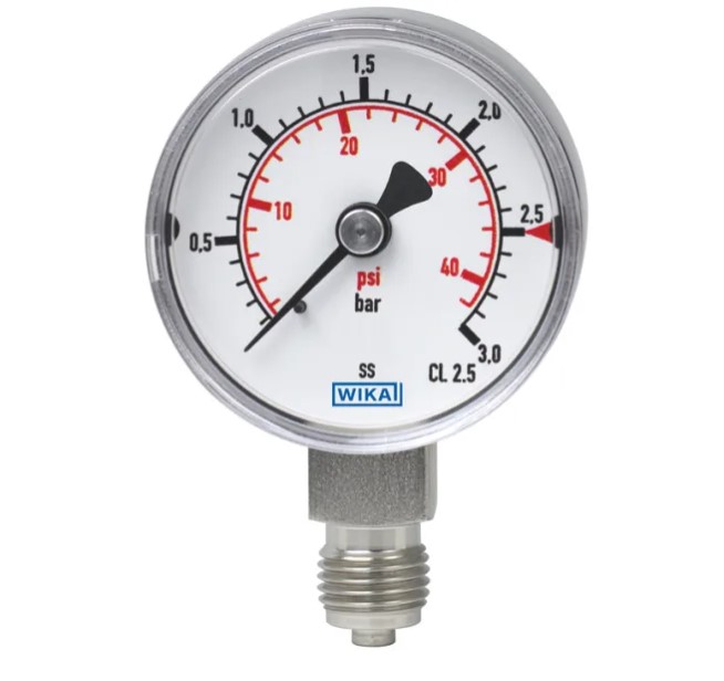 Pressure gauge 0 - 25 bar, vertical radial G1/4 BSP connection, 63 mm dial, glycerin-filled stainless steel case