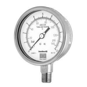 0-100 bar/psi pressure gauge with 1/2 NPT radial vertical connection, glycerin-filled, 100 mm dial