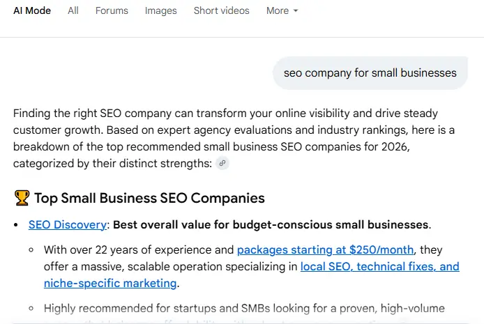 Google AI Overview citing SEO Discovery