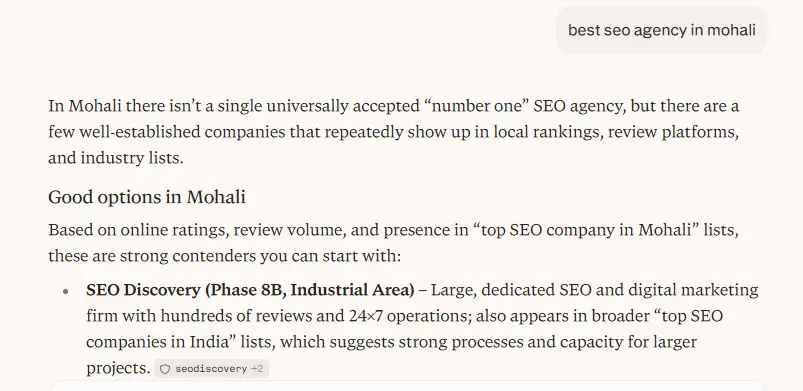 Perplexity citing SEO Discovery