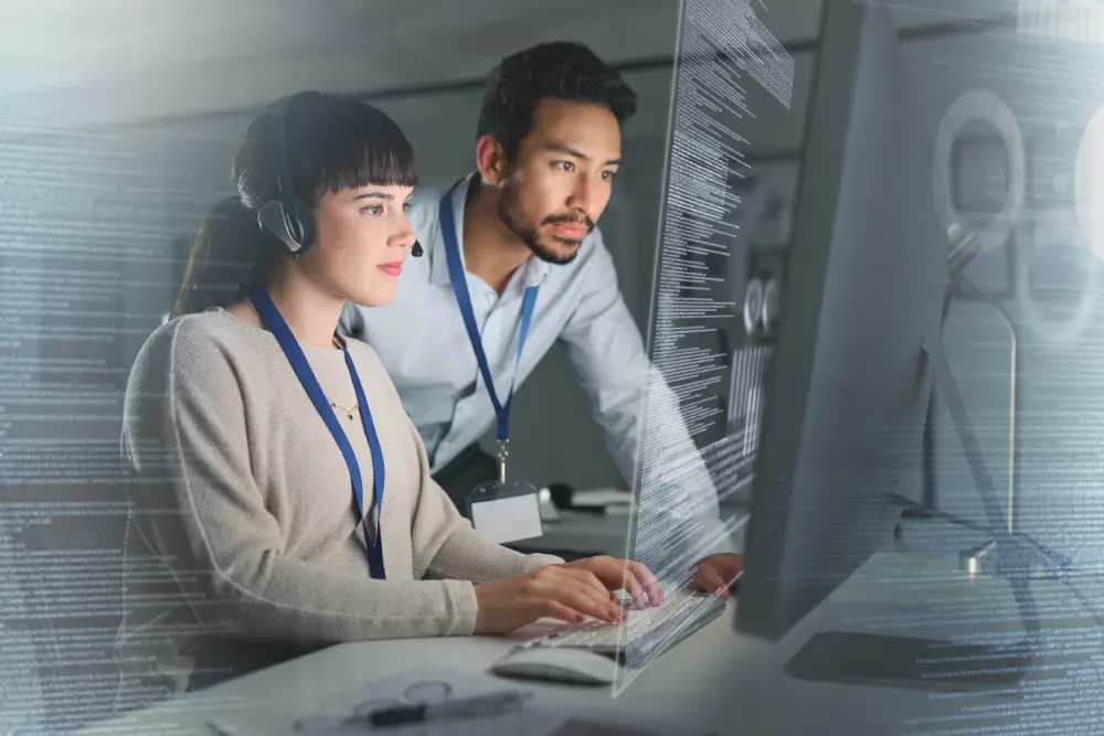 customer-support-call-center-overlay-business-people-computer-telemarketing-crm-networking-communication-futuristic-hologram-man-woman-it-consulting-working-online