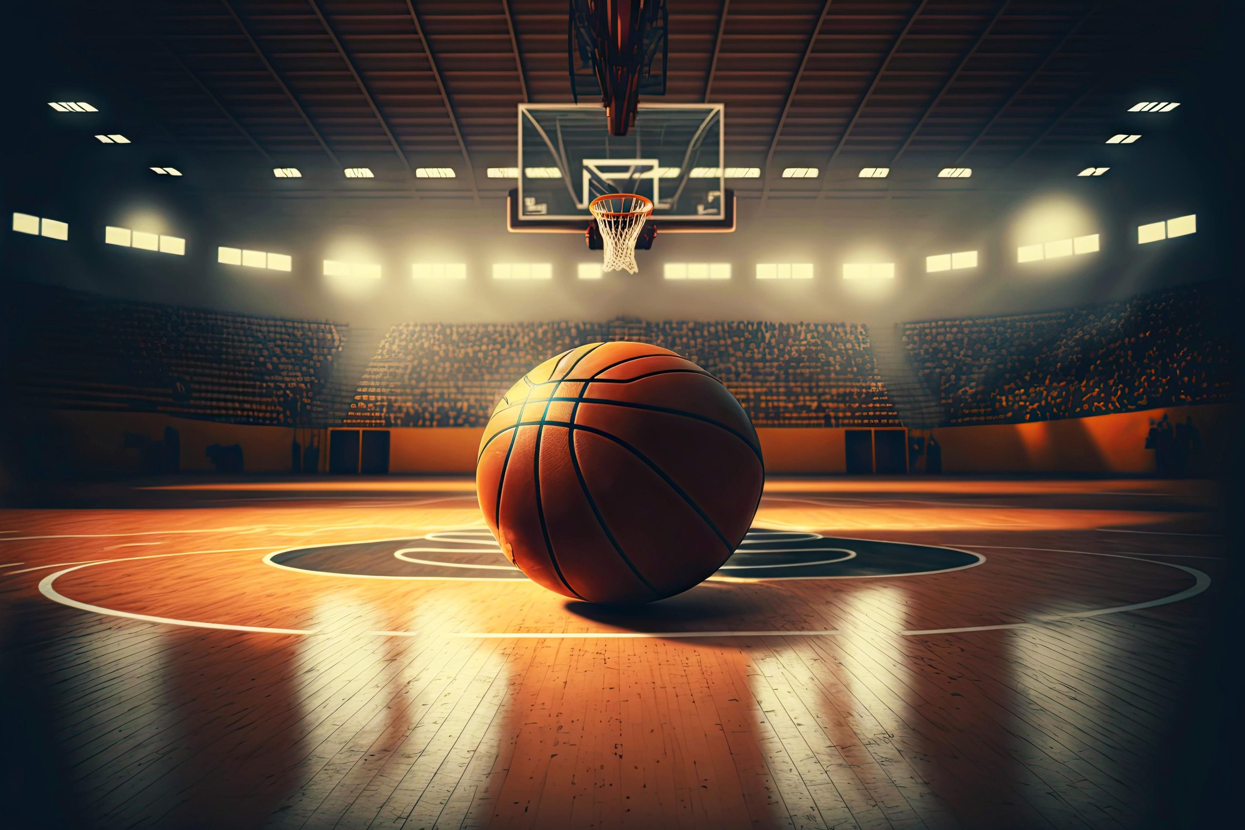 Basketball lying on wooden floor of basketball court and illuminated by spotlights, generative ai